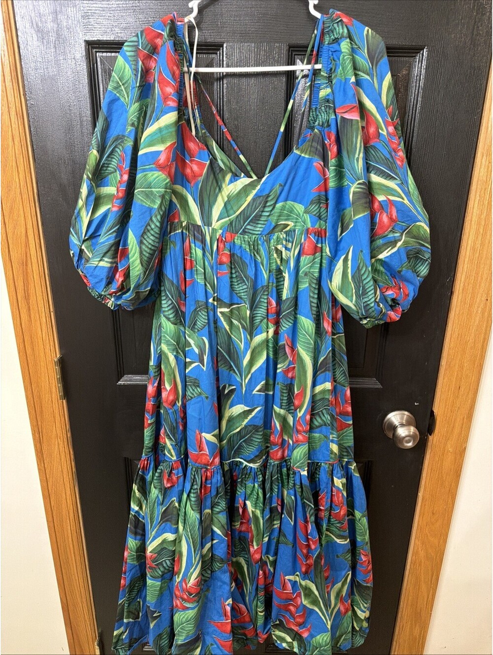 FARM RIO Dream Garden Midi Dress Women Sz M Blue Floral Tropical On/Off Shoulde - Picture 7 of 11